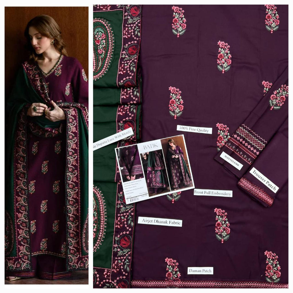 Premium Embroidered Airjet Dhanak 3-Piece Suit with Heavy Embroidered Dhanak Shawl
