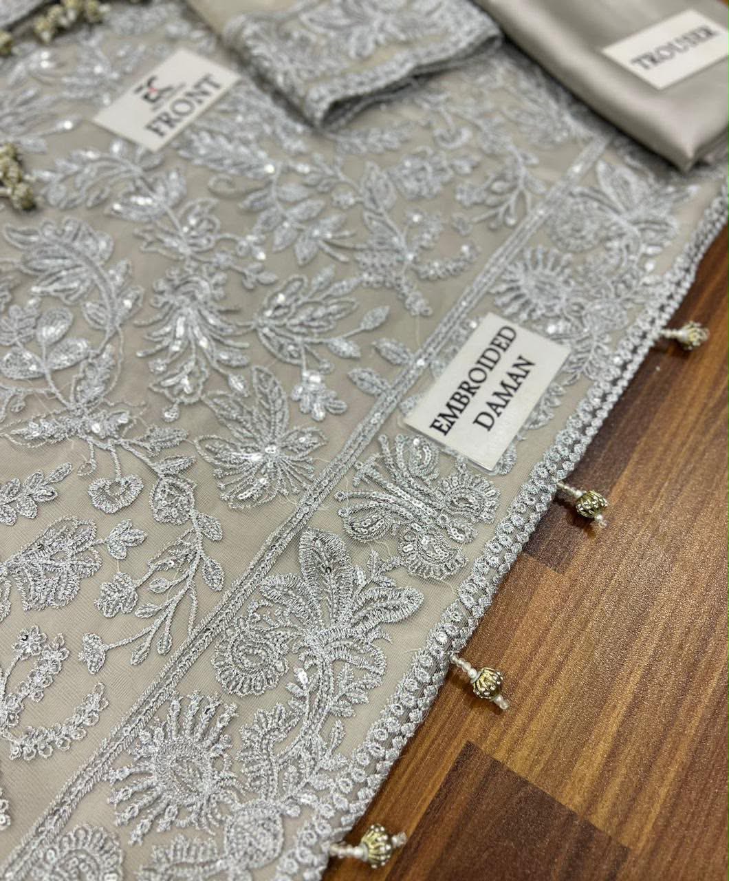 Luxury Heavy Spangle Embroidered Net 3-Piece Suit with Cutwork Dupatta & Shamoze Silk Inner