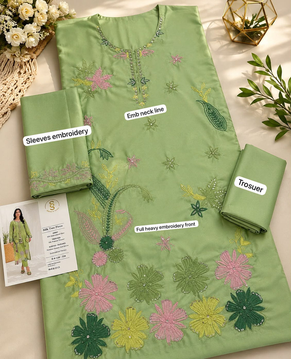 Women's Luxury Embroidered Silk 2-Piece Suit with Printed Trouser