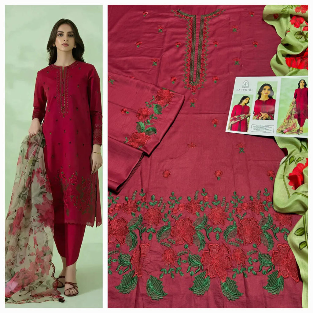 Premium Heavy Embroidered Cambric Cotton 3-Piece Suit with Digital Printed Swiss Lawn Dupatta