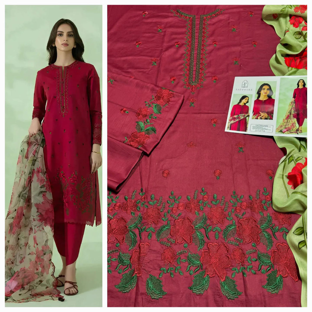 Premium Heavy Embroidered Cambric Cotton 3-Piece Suit with Digital Printed Swiss Lawn Dupatta