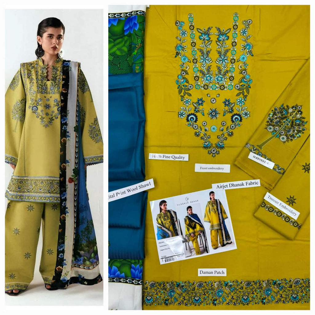 Premium Embroidered Airjet Dhanak 3-Piece Suit with Digital Wool Shawl