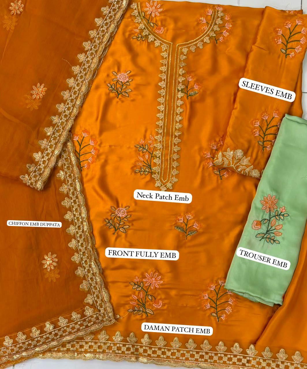 Luxury Embroidered Digital Printed Silk 3-Piece Suit with Chiffon Dupatta By LAAM