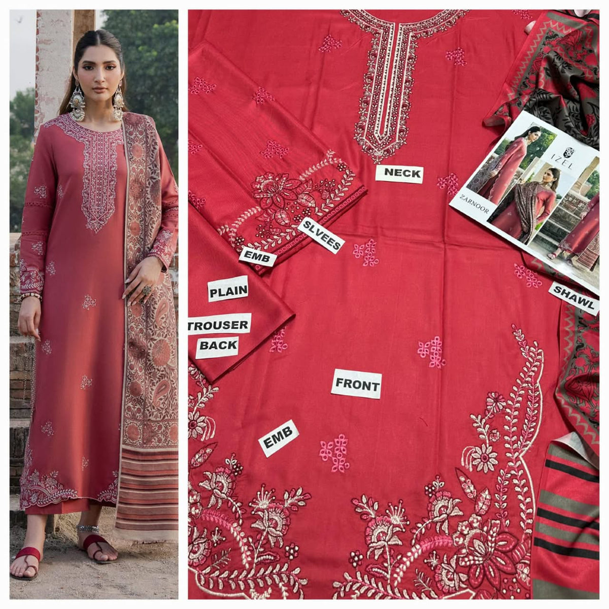 Premium Embroidered Airjet Dhanak 3-Piece Suit with Digital Printed Wool Shawl