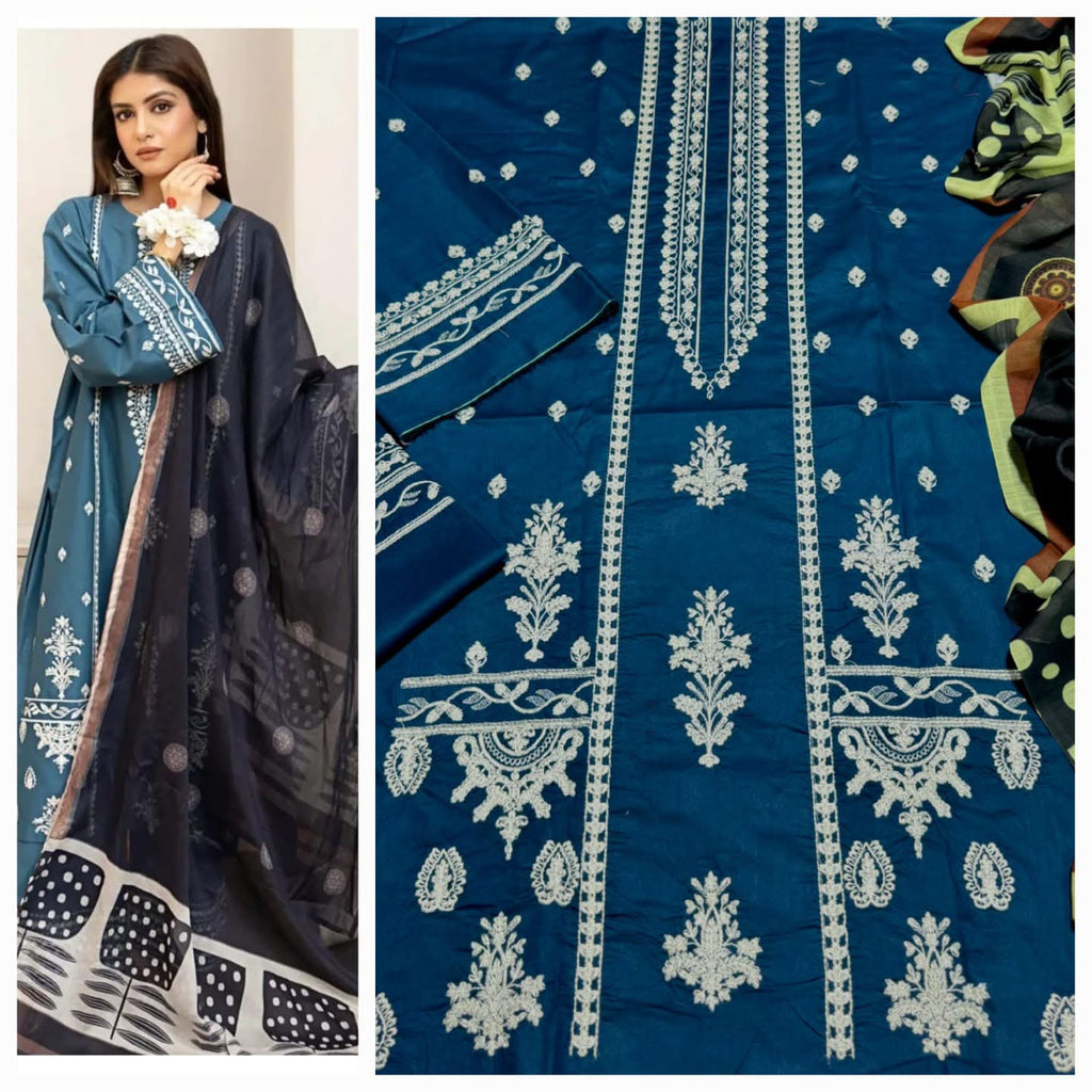 Premium Heavy Embroidered Cambric Cotton 3-Piece Suit with Digital Printed Swiss Lawn Dupatta