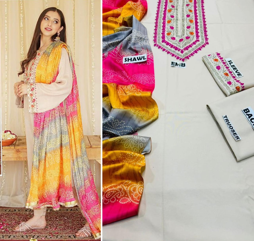 Premium Embroidered Winter Dhanak 3-Piece Suit with Digital Printed Twill Pashmina Shawl
