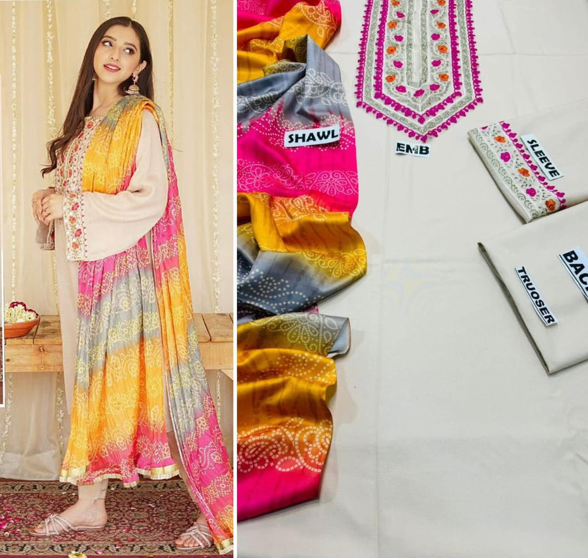 Premium Embroidered Winter Dhanak 3-Piece Suit with Digital Printed Twill Pashmina Shawl