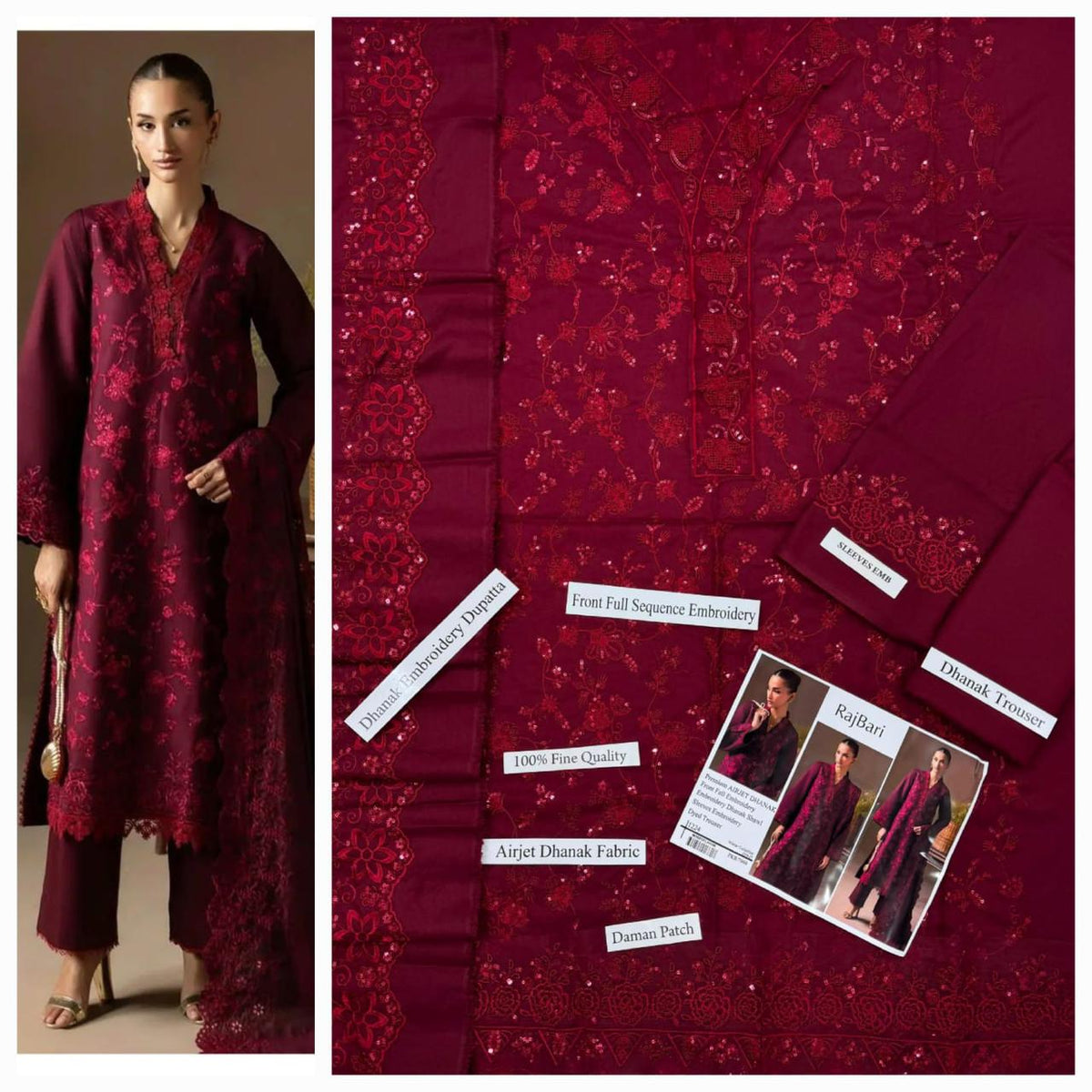 Premium Embroidered Airjet Dhanak 3-Piece Suit with Heavy Embroidered Dhanak Shawl