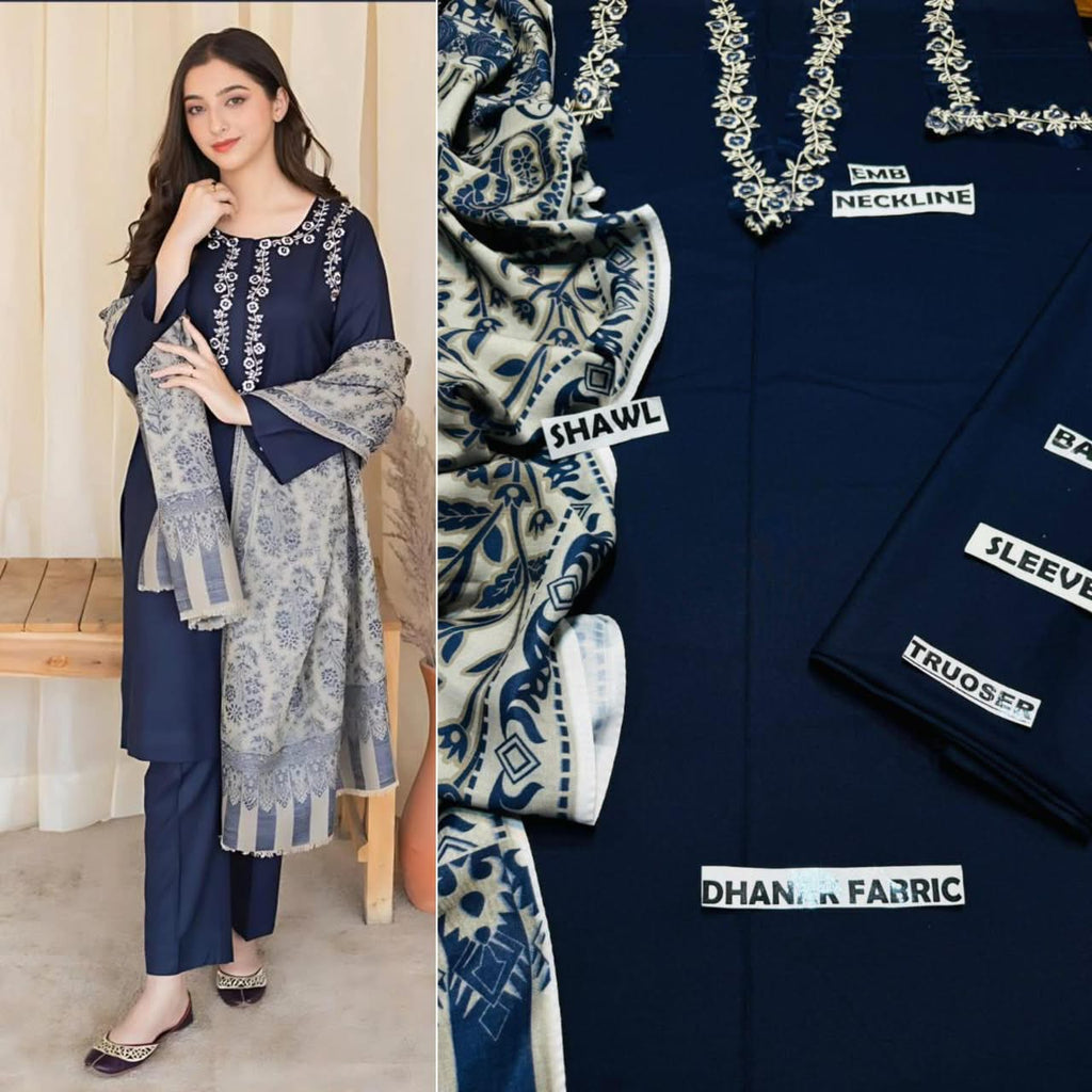 Premium Embroidered Winter Dhanak 3-Piece Suit with Digital Printed Twill Pashmina Shawl
