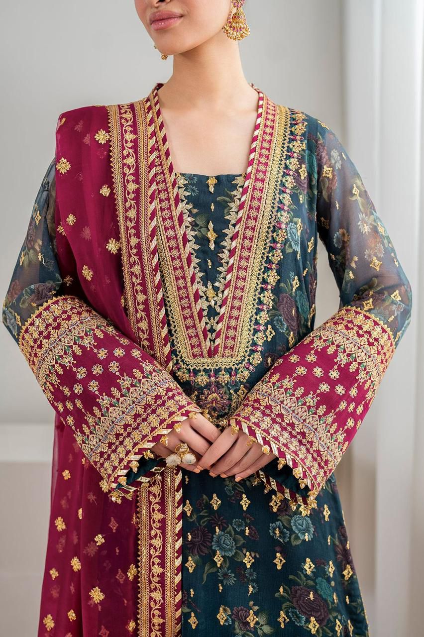 Unstitched Luxury Chiffon 3-Piece Suit with Silk Trouser