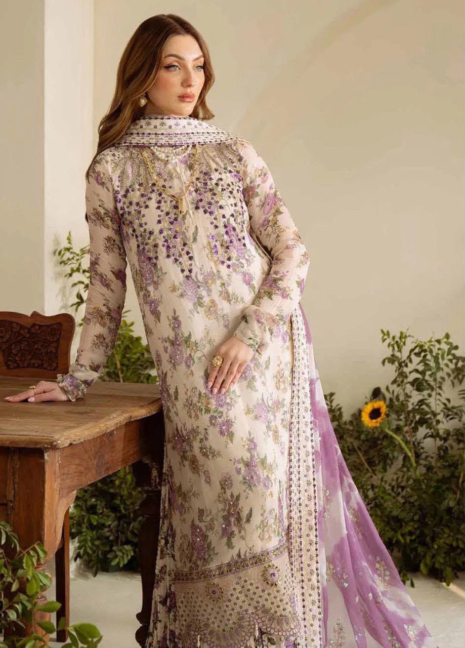 Premium Digital Printed Silk 3-Piece Frock Suit with Embroidered Patches & Laced Dupatta