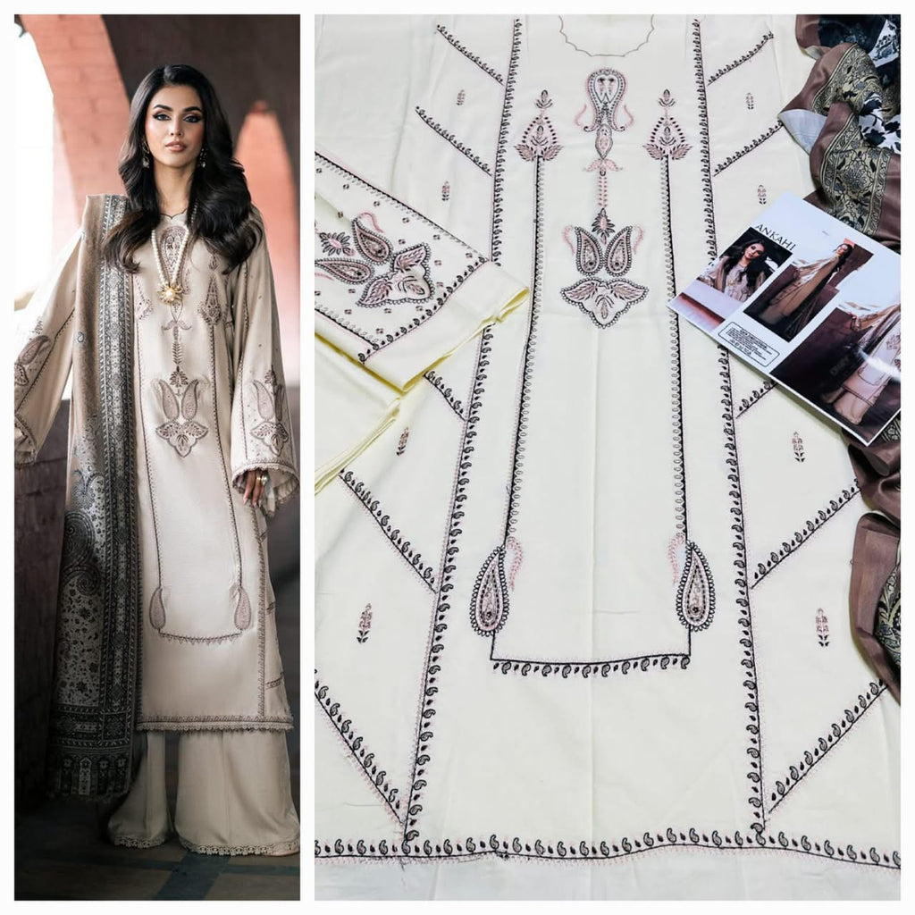 Premium Embroidered Airjet Dhanak 3-Piece Suit with Digital Printed Wool Shawl