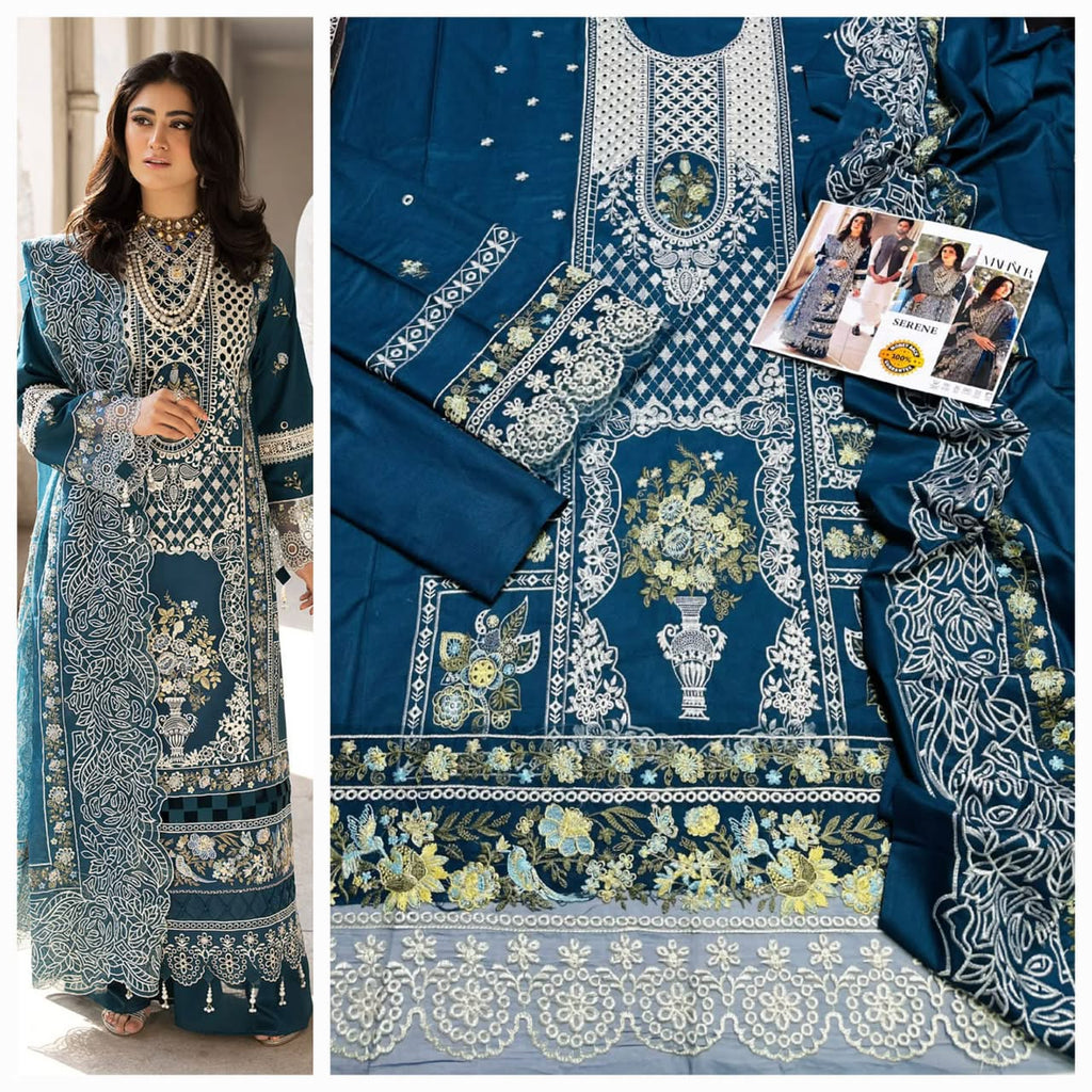 Premium Embroidered Winter Dhanak 3-Piece Suit with Motif Work Shawl & Patches