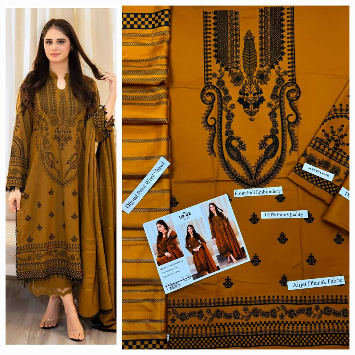 Premium Embroidered Airjet Dhanak 3-Piece Suit with Digital Printed Wool Shawl