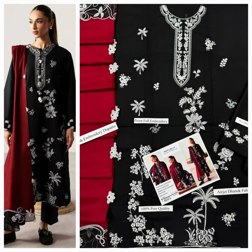 Premium Embroidered Airjet Dhanak 3-Piece Suit with Digital Printed Wool Shawl