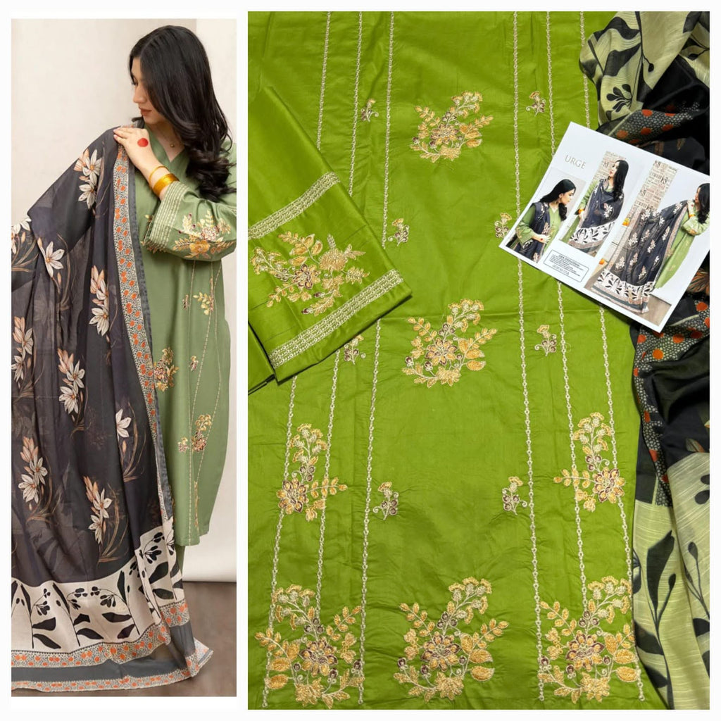 Premium Heavy Embroidered Cambric Cotton 3-Piece Suit with Digital Printed Swiss Lawn Dupatta
