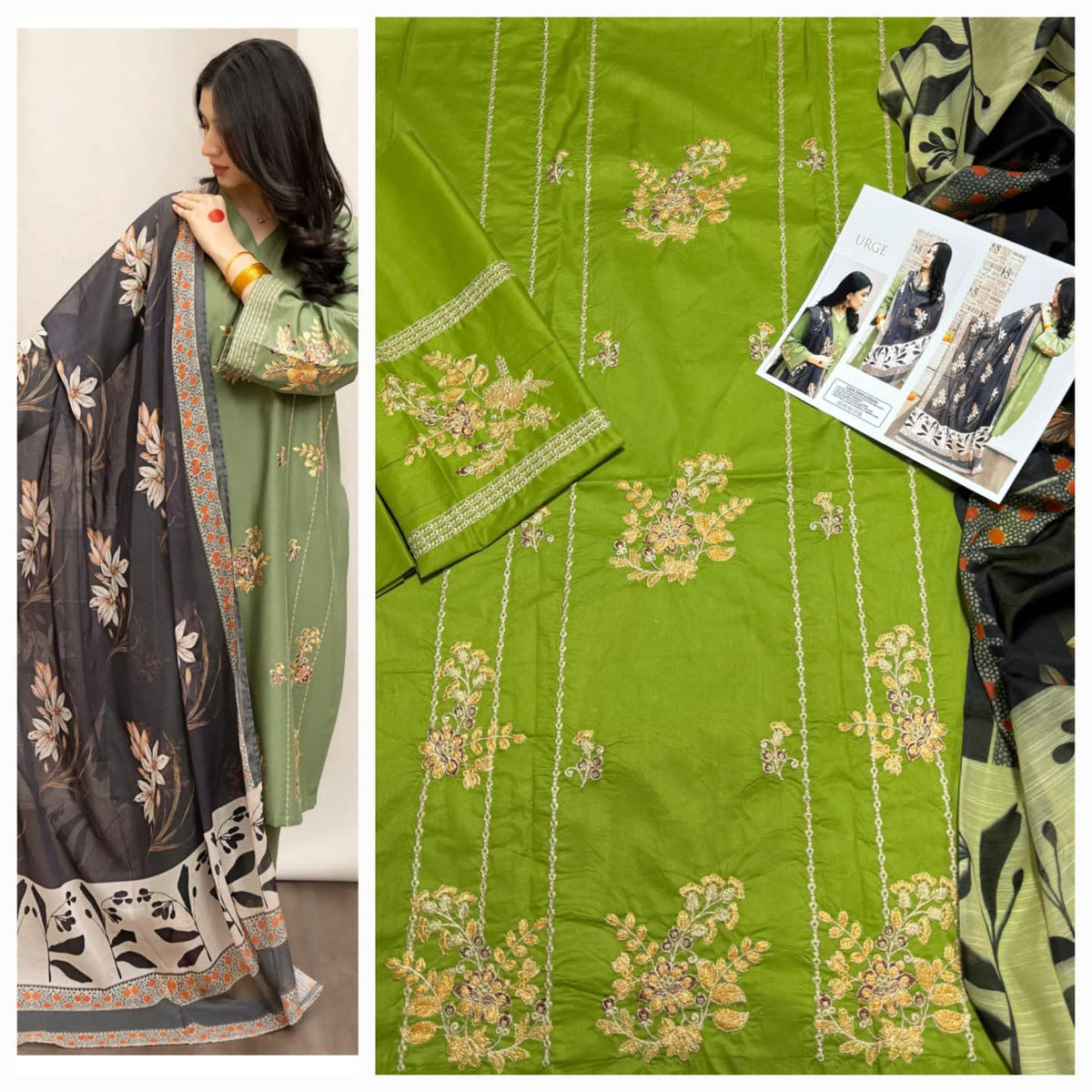 Premium Heavy Embroidered Cambric Cotton 3-Piece Suit with Digital Printed Swiss Lawn Dupatta