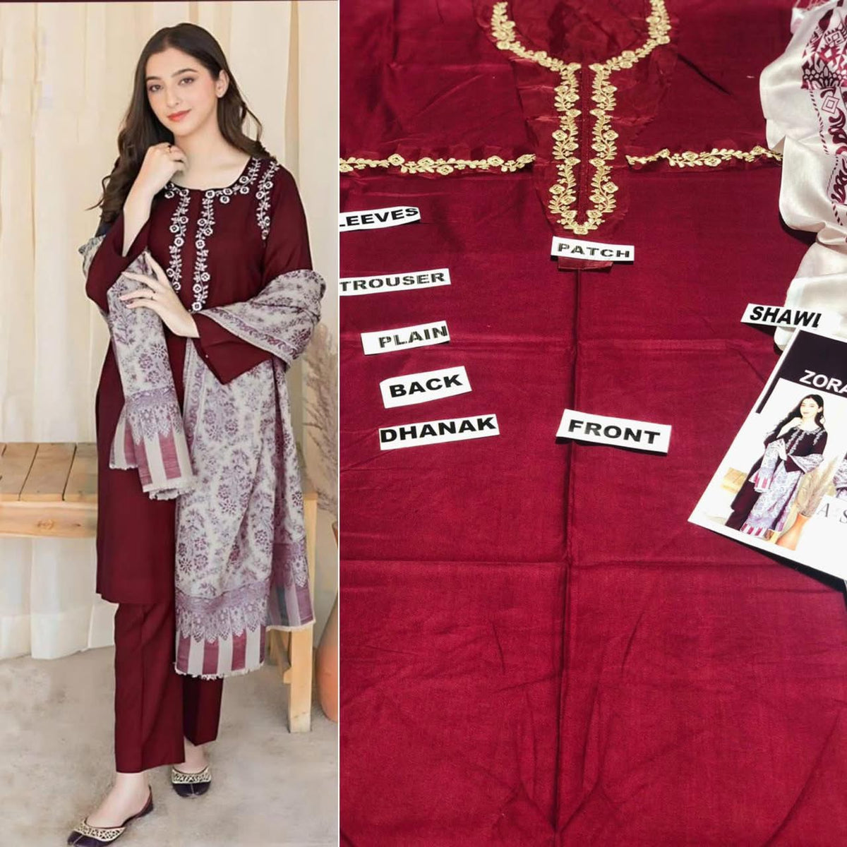 Premium Embroidered Winter Dhanak 3-Piece Suit with Digital Printed Twill Pashmina Shawl