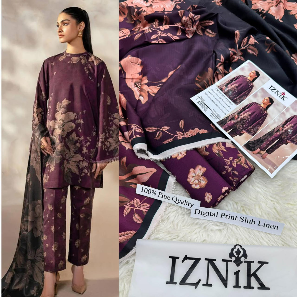 Premium Digital Printed Airjet Slub Linen 3-Piece Suit By IZNIK