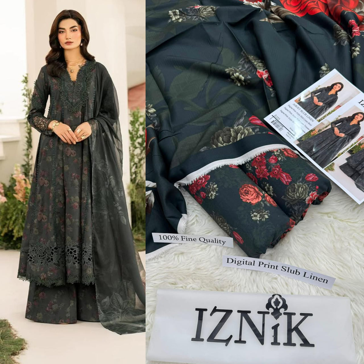 Premium Digital Printed Airjet Slub Linen 3-Piece Suit By IZNIK
