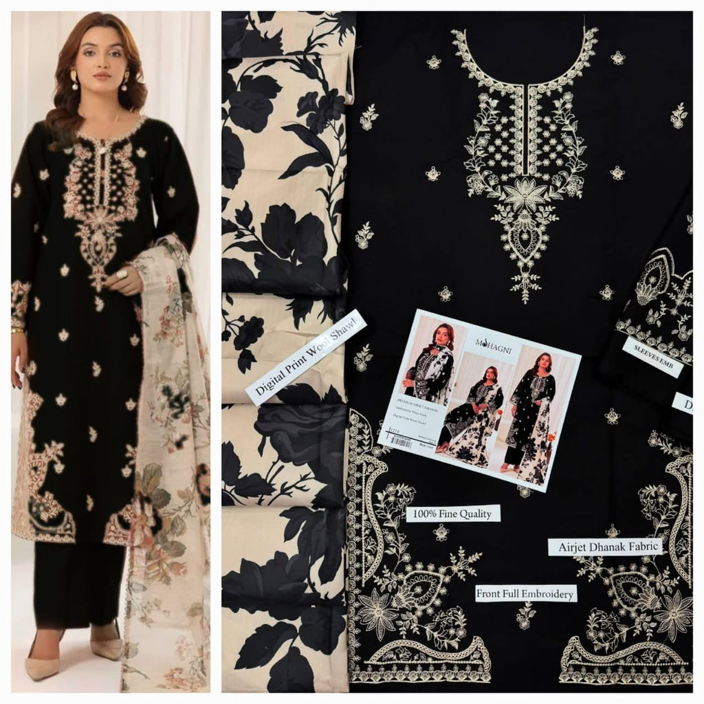 Premium Embroidered Airjet Dhanak 3-Piece Suit with Digital Printed Wool Shawl