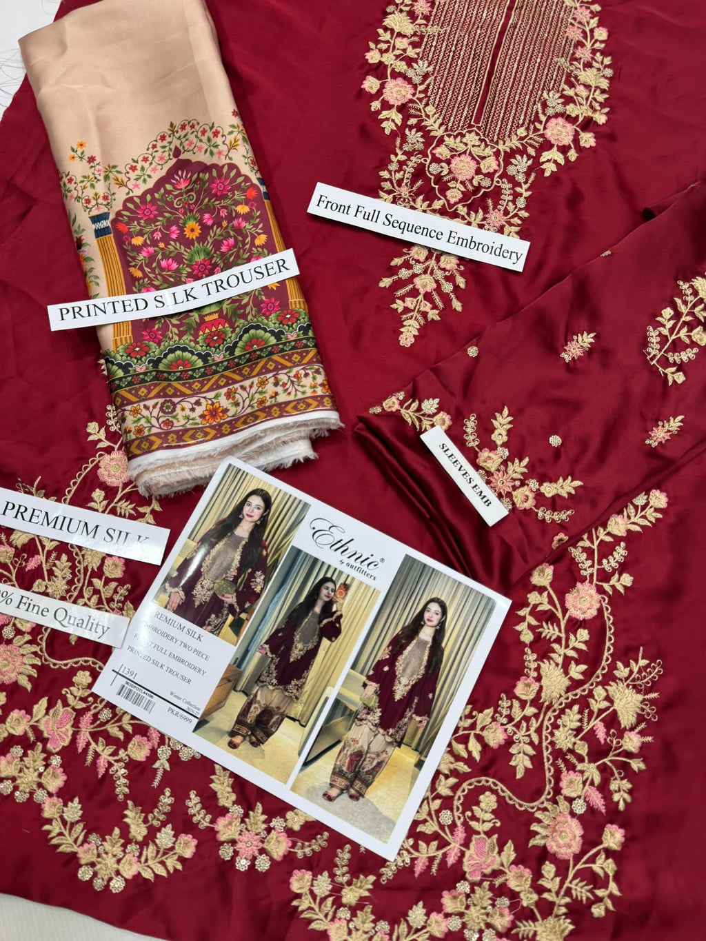 Luxury Embroidered Silk 2-Piece Suit with Digital Printed Trouser By ETHNIC