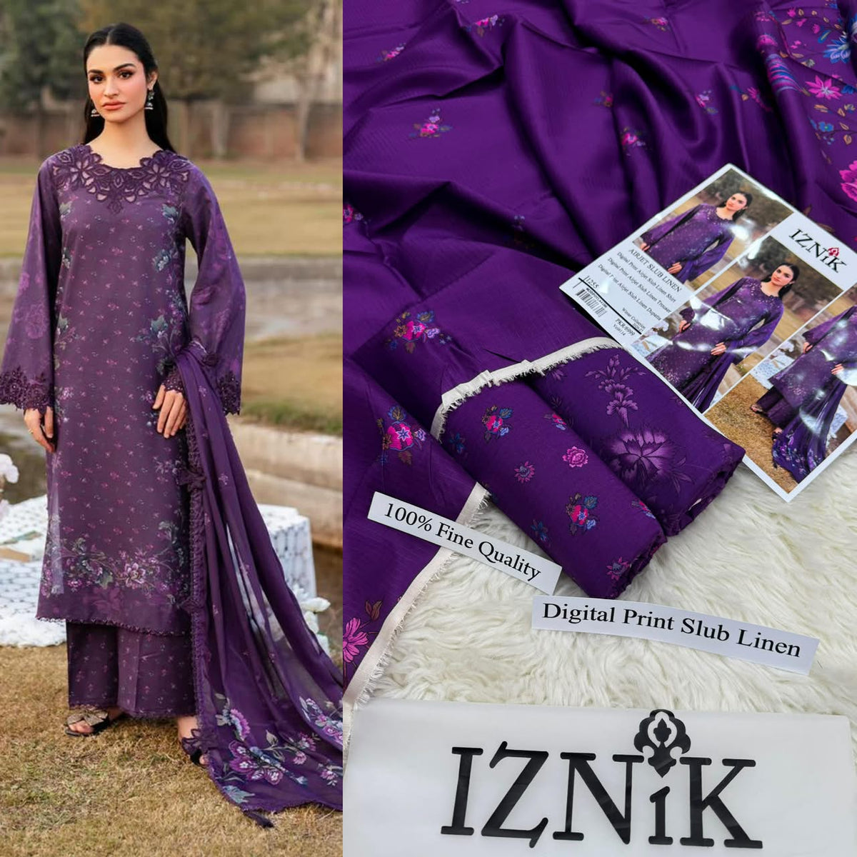 Premium Digital Printed Airjet Slub Linen 3-Piece Suit By IZNIK