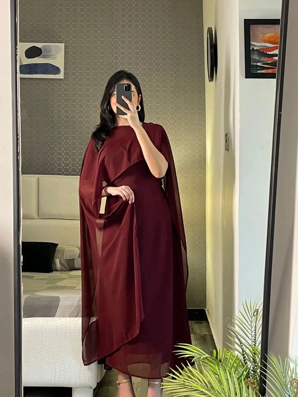 Graceful Cape Shawl Dress MAROON