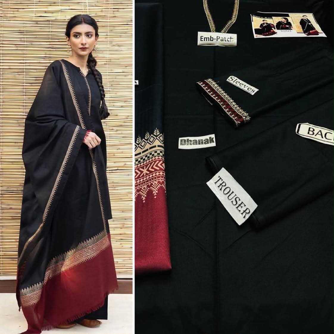 Premium Embroidered Winter Dhanak 3-Piece Suit with Digital Printed Twill Pashmina Shawl