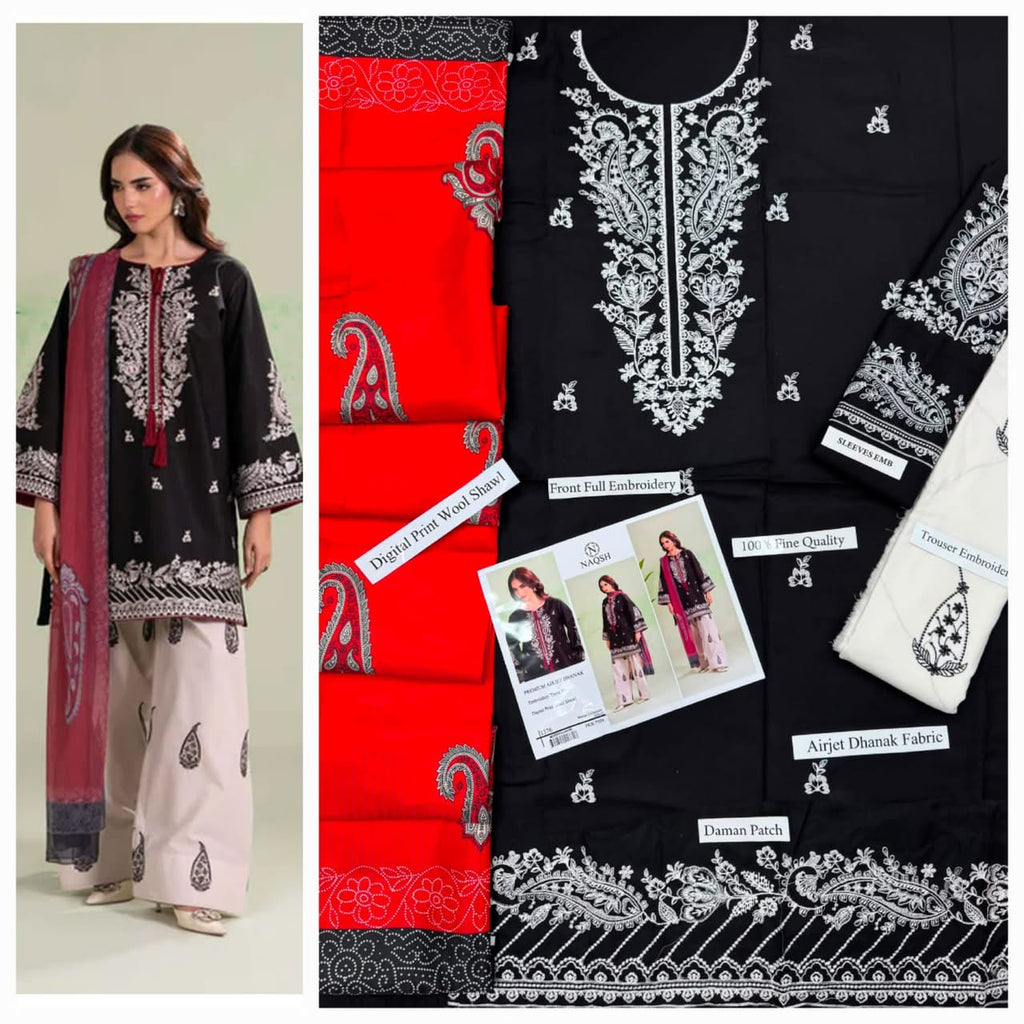 Premium Embroidered Airjet Dhanak 3-Piece Suit with Digital Printed Wool Shawl