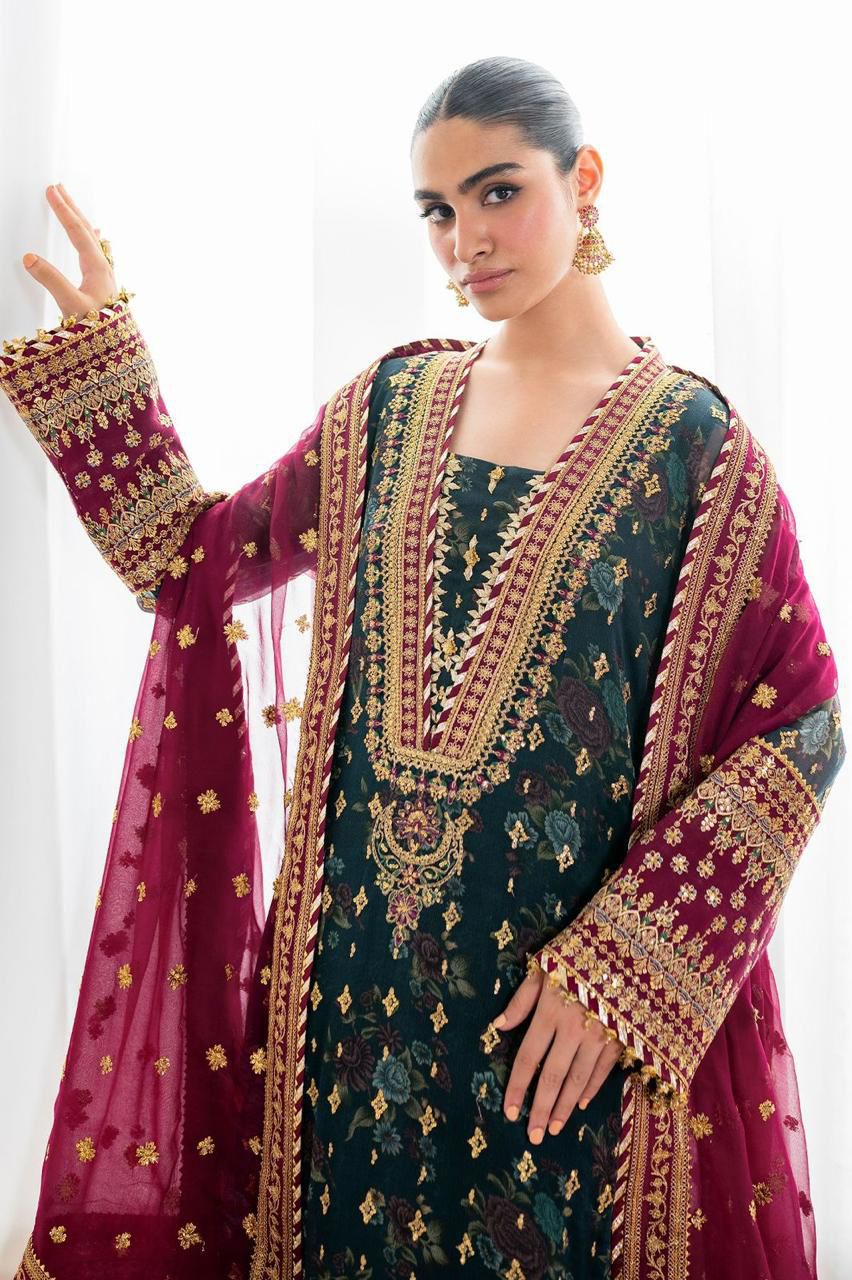 Unstitched Luxury Chiffon 3-Piece Suit with Silk Trouser