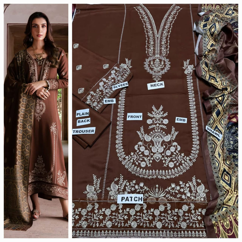 Premium Embroidered Airjet Dhanak 3-Piece Suit with Digital Printed Wool Shawl