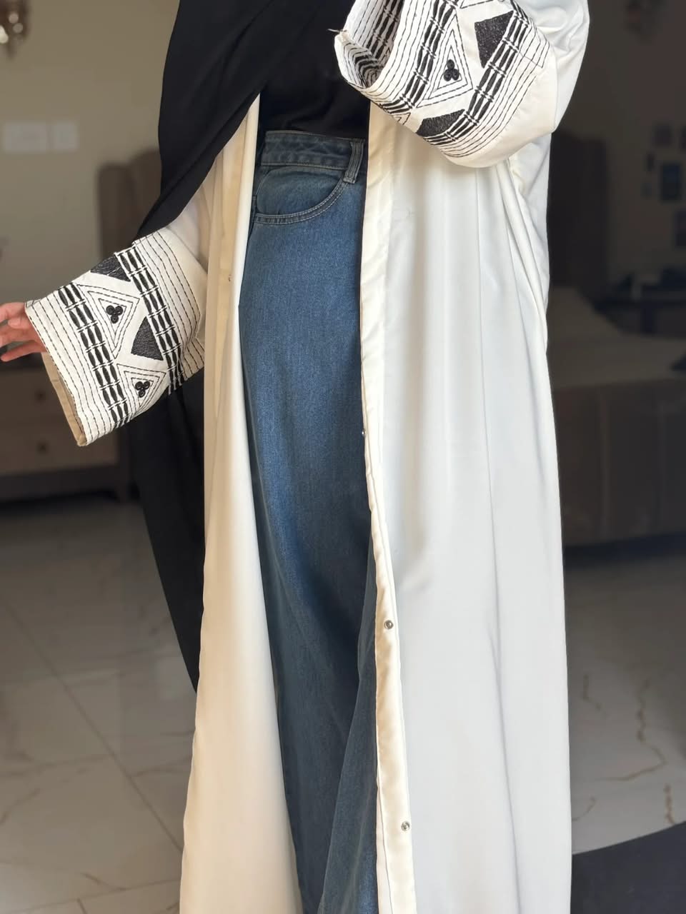Graceful Wool Peach Flared Abaya with Matching Stole Set