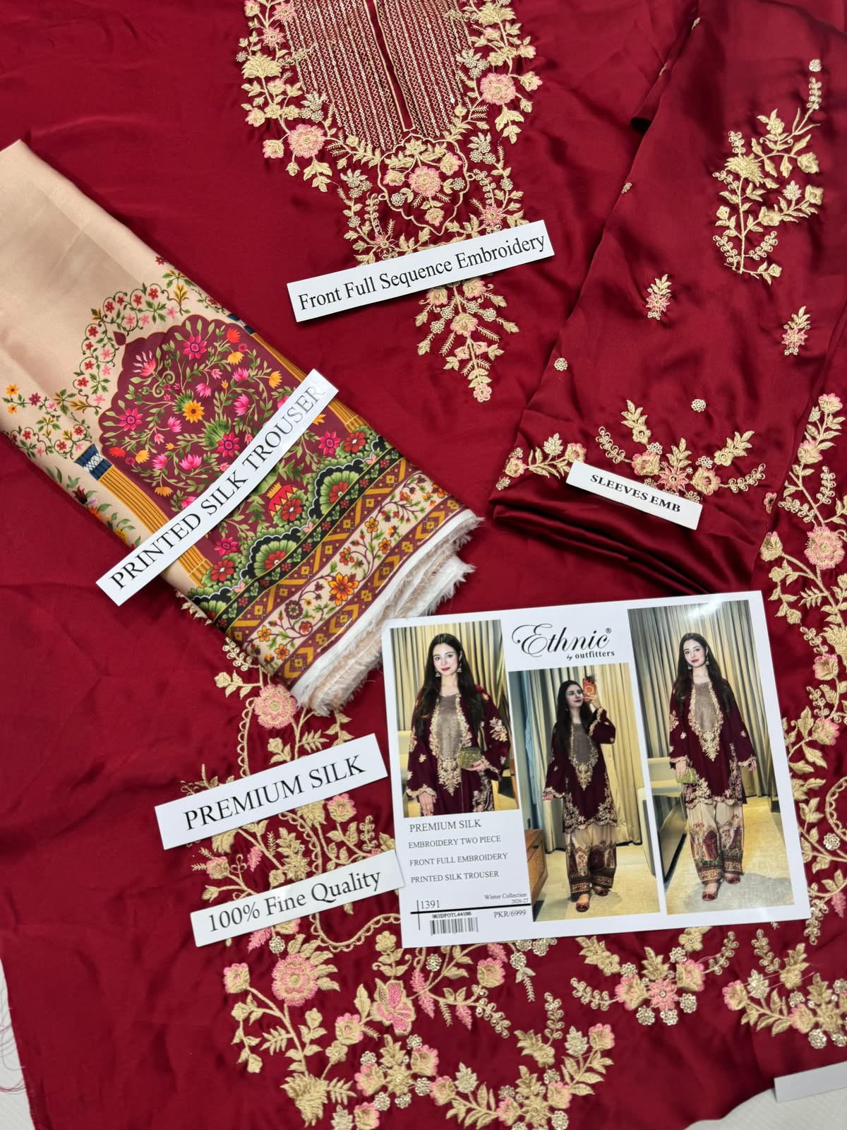 Luxury Embroidered Silk 2-Piece Suit with Digital Printed Trouser By ETHNIC