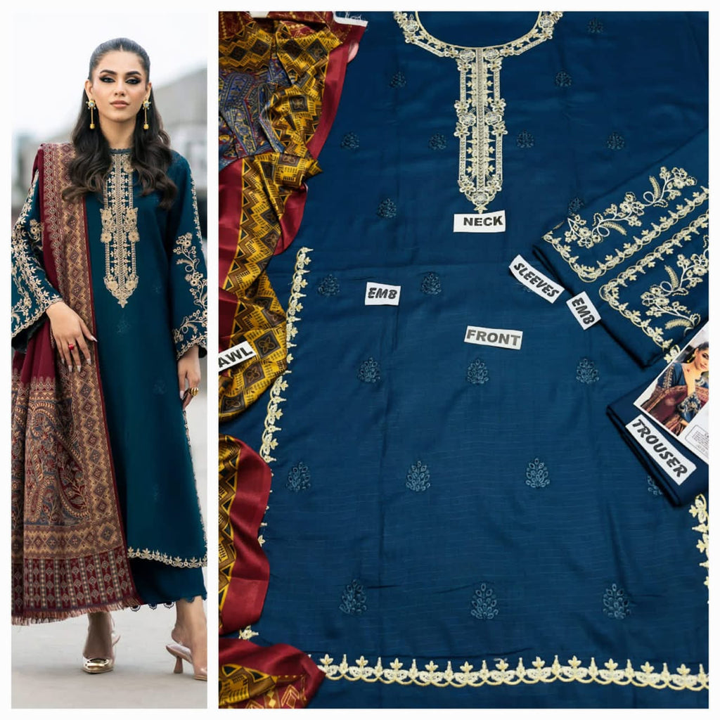 Premium Embroidered Airjet Dhanak 3-Piece Suit with Digital Printed Wool Shawl