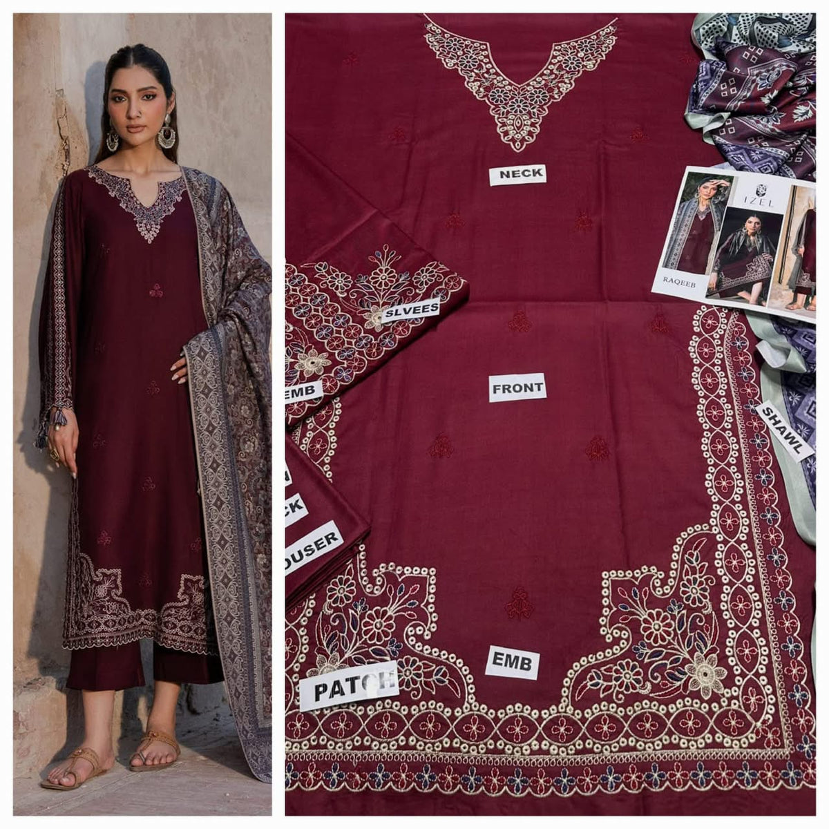 Premium Embroidered Airjet Dhanak 3-Piece Suit with Digital Printed Wool Shawl