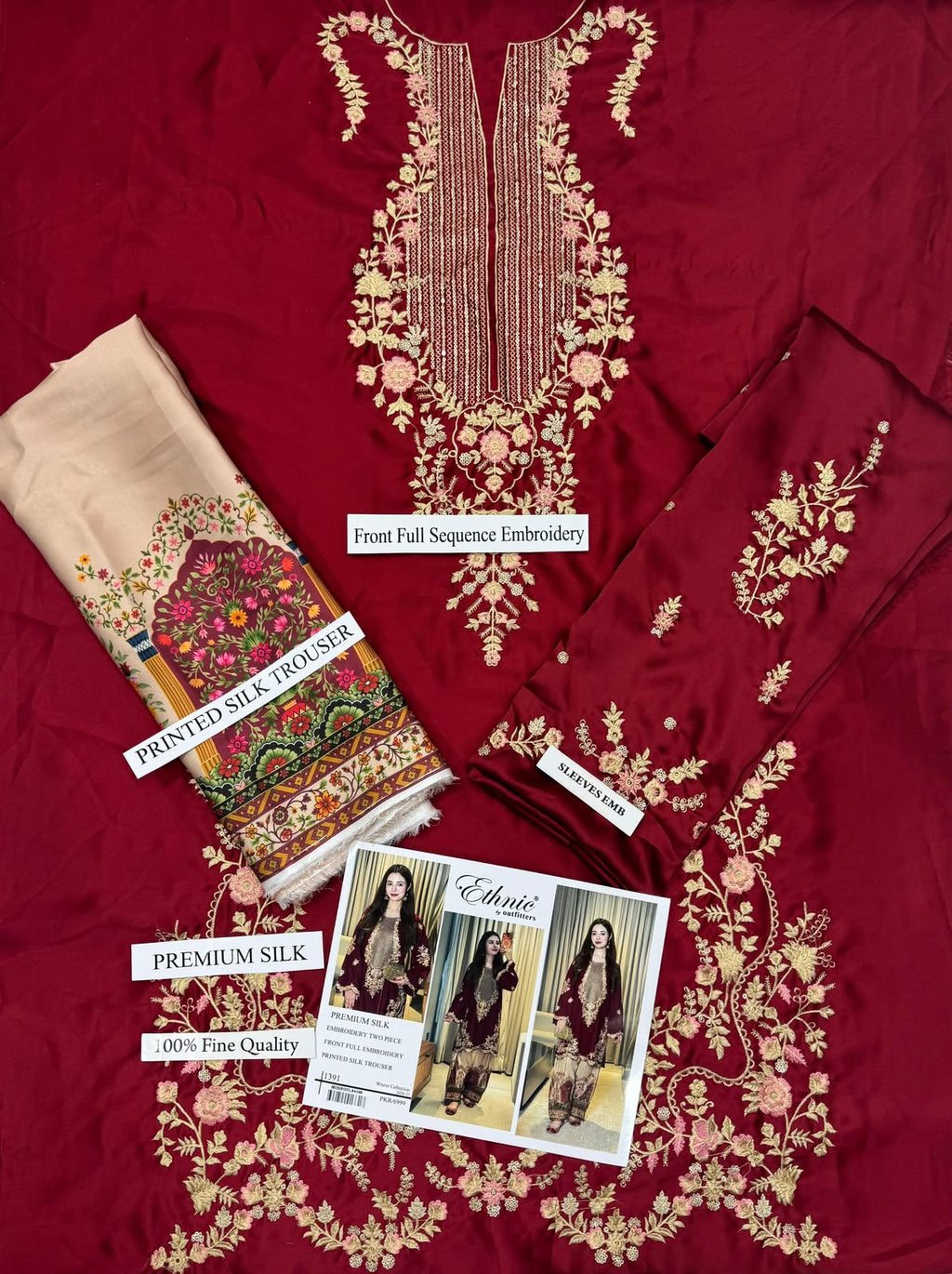 Luxury Embroidered Silk 2-Piece Suit with Digital Printed Trouser By ETHNIC