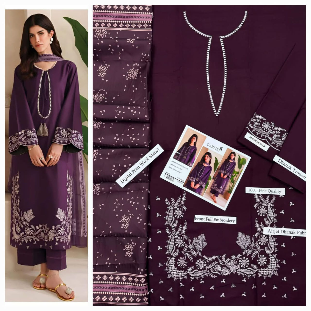 Premium Embroidered Airjet Dhanak 3-Piece Suit with Digital Printed Wool Shawl