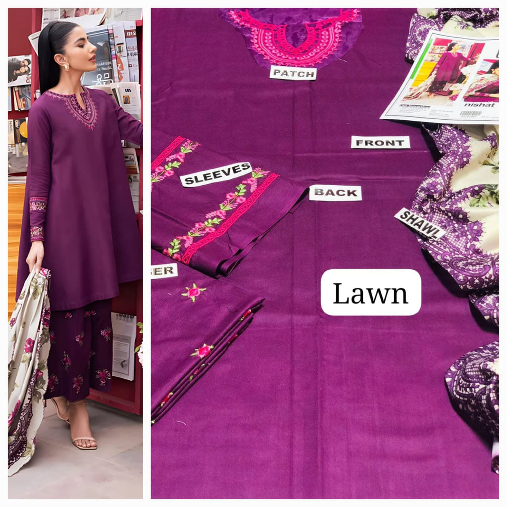Premium Heavy Embroidered Cambric Cotton 3-Piece Suit with Digital Printed Swiss Lawn Dupatta