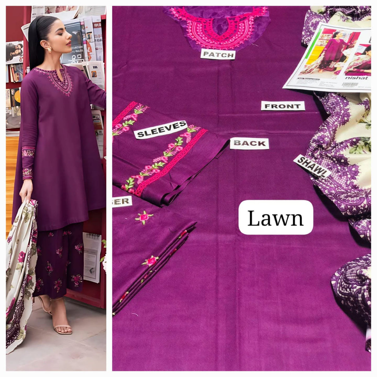 Premium Heavy Embroidered Cambric Cotton 3-Piece Suit with Digital Printed Swiss Lawn Dupatta