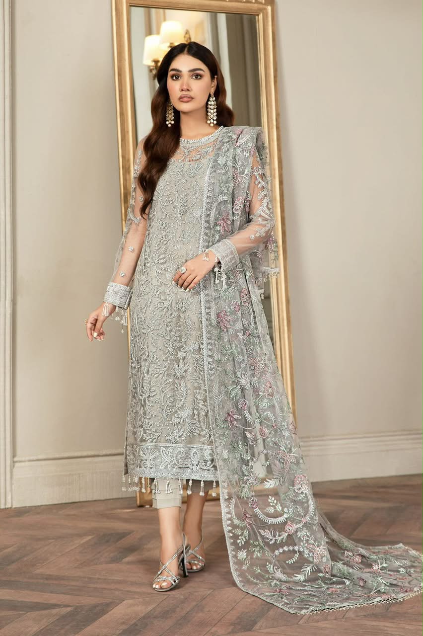 Luxury Heavy Spangle Embroidered Net 3-Piece Suit with Cutwork Dupatta & Shamoze Silk Inner