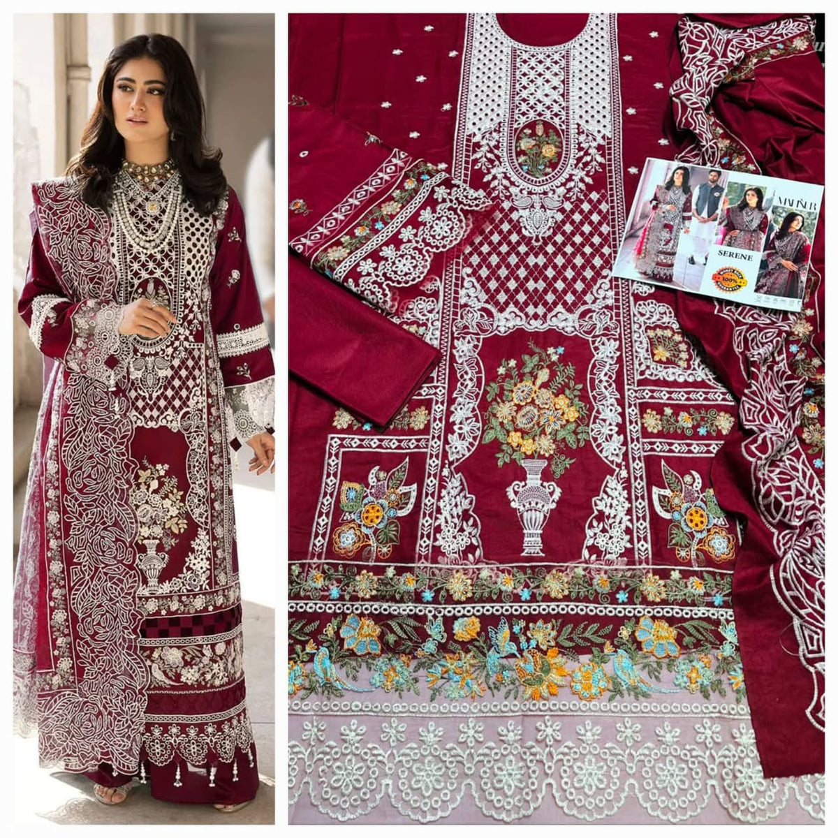 Premium Embroidered Winter Dhanak 3-Piece Suit with Motif Work Shawl & Patches