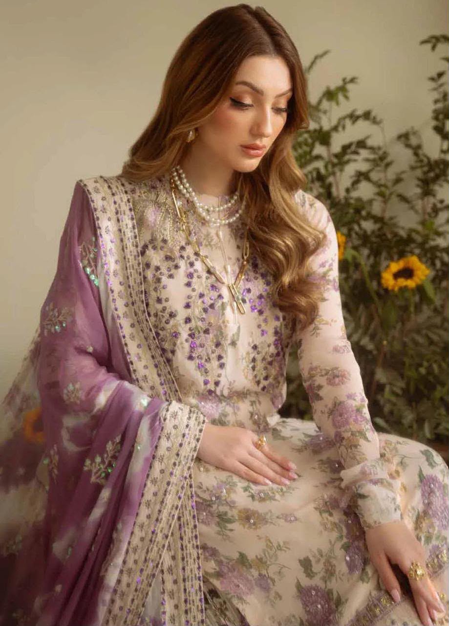 Premium Digital Printed Silk 3-Piece Frock Suit with Embroidered Patches & Laced Dupatta