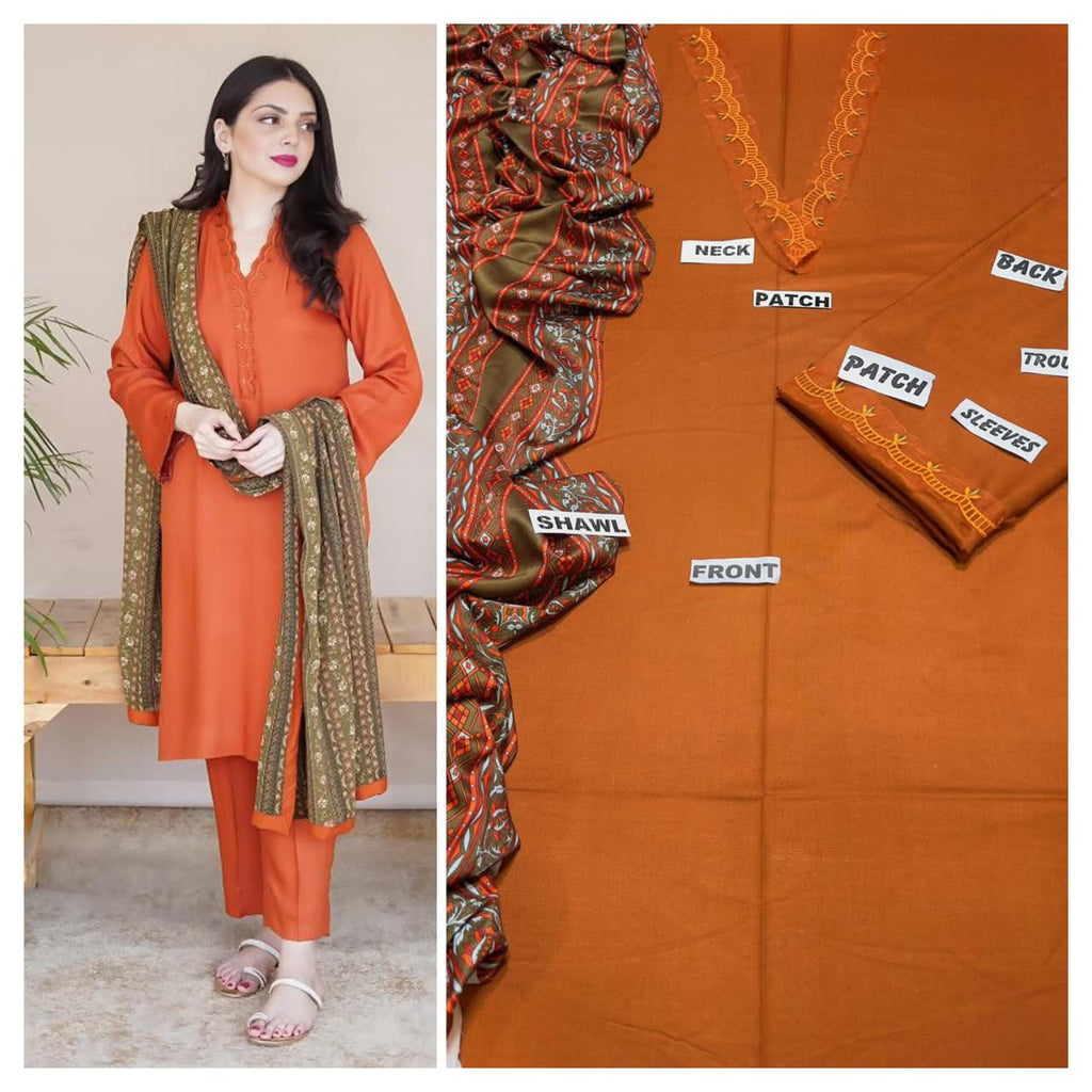 Premium Embroidered Winter Dhanak 3-Piece Suit with Digital Printed Twill Pashmina Shawl