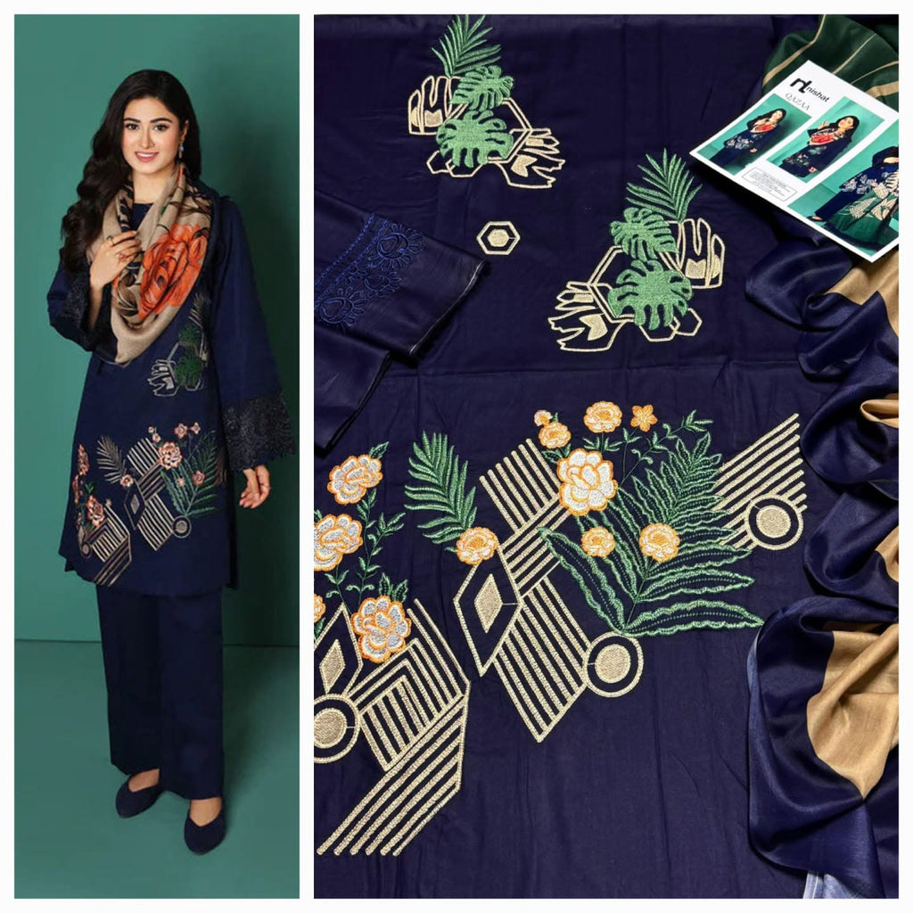 Premium Heavy Embroidered Cambric Cotton 3-Piece Suit with Digital Printed Swiss Lawn Dupatta