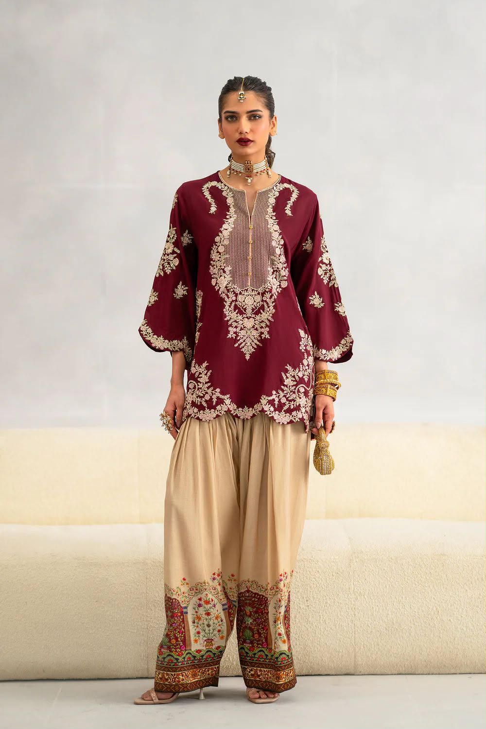 Luxury Embroidered Silk 2-Piece Suit with Digital Printed Trouser By ETHNIC