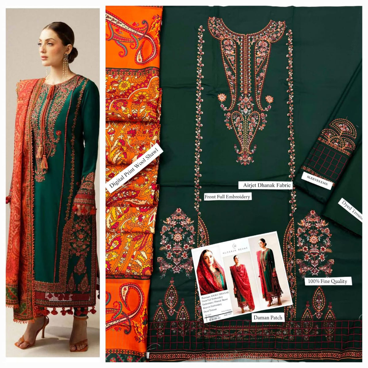 Premium Embroidered Airjet Dhanak 3-Piece Suit with Digital Wool Shawl