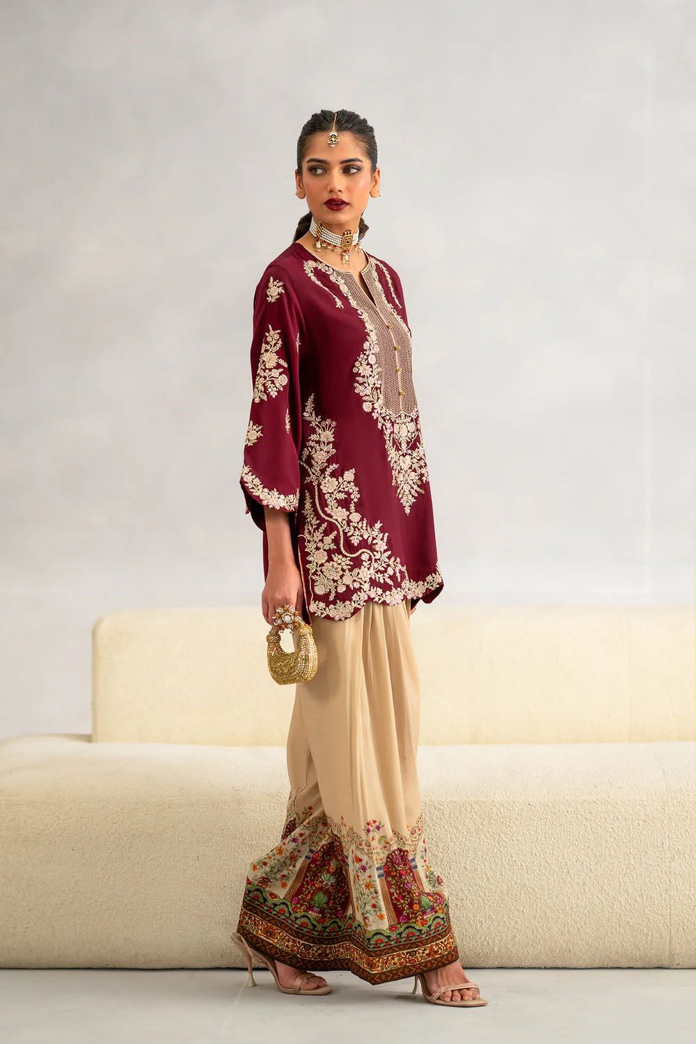 Luxury Embroidered Silk 2-Piece Suit with Digital Printed Trouser By ETHNIC