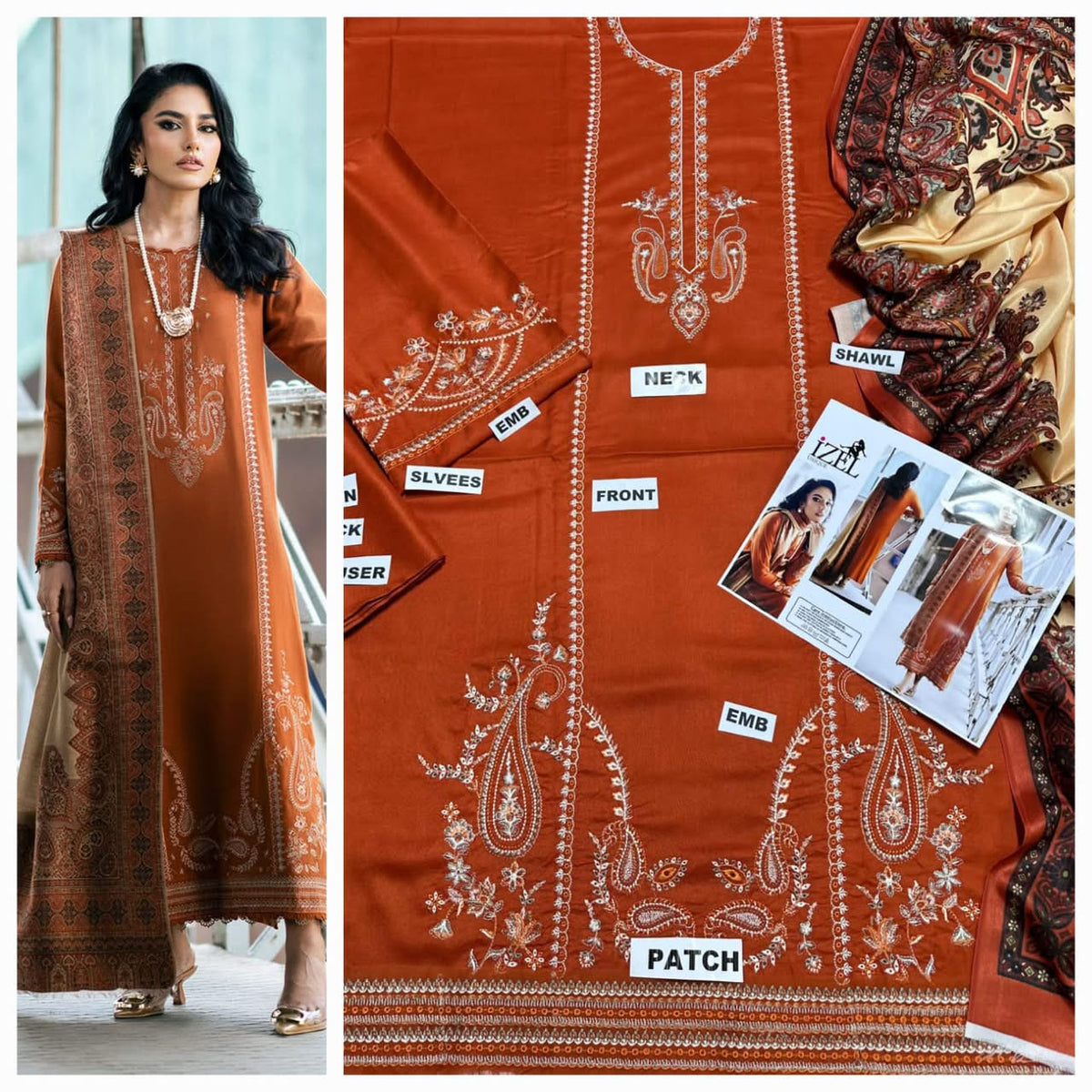 Premium Embroidered Airjet Dhanak 3-Piece Suit with Digital Printed Wool Shawl