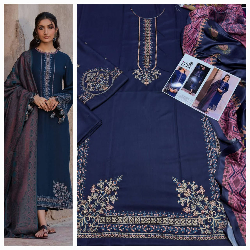 Premium Embroidered Airjet Dhanak 3-Piece Suit with Digital Printed Wool Shawl